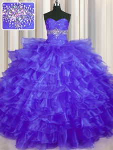 Customized Purple Organza Lace Up Ball Gown Prom Dress Sleeveless Floor Length Beading and Ruffled Layers