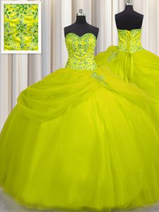 Vintage Really Puffy Yellow Green Tulle Lace Up Quinceanera Dresses Sleeveless Floor Length Beading