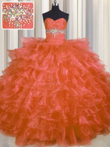 Custom Fit Orange Red Quince Ball Gowns Military Ball and Sweet 16 and Quinceanera with Beading and Ruffled Layers Sweetheart Sleeveless Lace Up