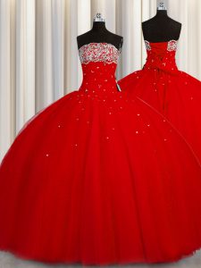 Flirting Puffy Skirt Red Lace Up Strapless Beading and Sequins 15 Quinceanera Dress Organza Sleeveless