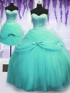 Perfect Three Piece Aqua Blue Ball Gowns Tulle Sweetheart Sleeveless Beading and Bowknot Floor Length Lace Up 15 Quinceanera Dress