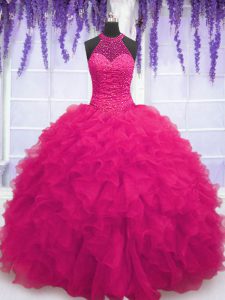 Suitable Sleeveless Organza Floor Length Lace Up Quinceanera Gowns in Hot Pink with Beading and Ruffles