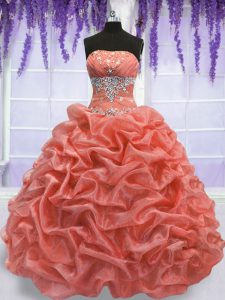 Strapless Sleeveless Organza 15th Birthday Dress Beading Lace Up