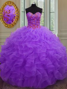Edgy Sleeveless Organza Floor Length Lace Up Quince Ball Gowns in Purple with Beading and Ruffles
