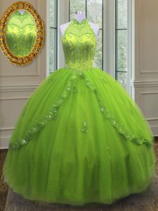 Floor Length Lace Up Sweet 16 Dresses Yellow Green for Military Ball and Sweet 16 and Quinceanera with Beading and Appliques