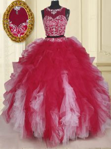 Scoop Floor Length Zipper Sweet 16 Dresses White And Red for Military Ball and Sweet 16 and Quinceanera with Beading and Ruffles
