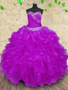 Stylish Purple Ball Gowns Halter Top Sleeveless Organza Floor Length Lace Up Beading and Ruffles and Ruching Quinceanera Gowns