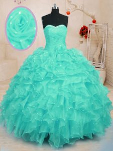 Fancy Turquoise Sweetheart Neckline Beading and Ruffles and Hand Made Flower Quinceanera Dress Sleeveless Lace Up