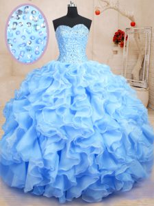 Blue Ball Gowns Organza Sweetheart Sleeveless Beading and Ruffles Floor Length Lace Up Quinceanera Gowns