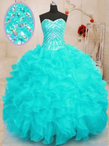 Aqua Blue Sweetheart Lace Up Beading and Ruffles and Sequins Quince Ball Gowns Sleeveless