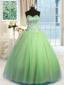 Floor Length Lace Up 15 Quinceanera Dress Green for Military Ball and Sweet 16 and Quinceanera with Beading and Ruching