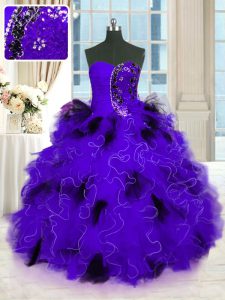 Black And Purple Strapless Neckline Beading and Ruffles Quinceanera Gown Sleeveless Lace Up