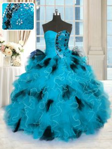 Floor Length Blue And Black Quinceanera Dress Tulle Sleeveless Beading and Ruffles