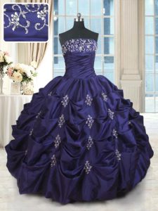 Noble Dark Purple Taffeta Lace Up Ball Gown Prom Dress Sleeveless Floor Length Beading and Appliques and Embroidery and Pick Ups