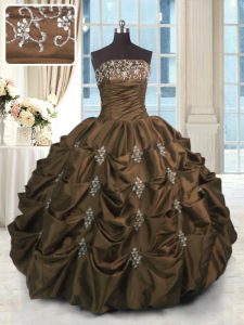 Exquisite Taffeta Strapless Sleeveless Lace Up Beading and Appliques and Embroidery and Pick Ups Sweet 16 Dress in Chocolate