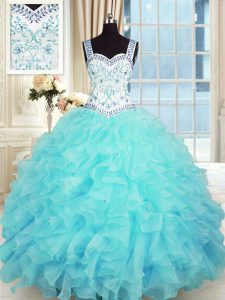 Aqua Blue Organza Lace Up Sweetheart Sleeveless Floor Length Ball Gown Prom Dress Beading and Appliques and Ruffles