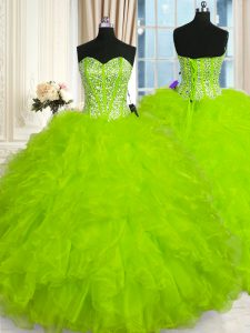 Low Price Sweetheart Sleeveless Organza Ball Gown Prom Dress Beading and Ruffles Lace Up