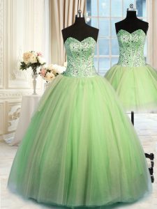 Three Piece Sleeveless Floor Length Beading Lace Up Quinceanera Gowns with Yellow Green