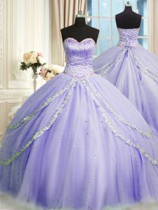Lavender Ball Gowns Tulle Sweetheart Sleeveless Beading and Appliques With Train Lace Up Quinceanera Dresses Court Train