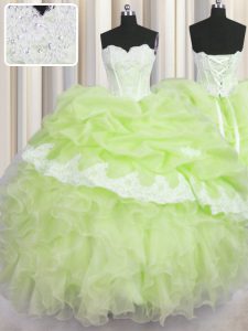 Sweetheart Sleeveless Organza Sweet 16 Dresses Beading and Appliques and Ruffles and Pick Ups Lace Up