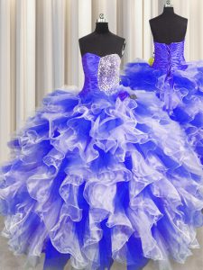 Blue And White 15th Birthday Dress Military Ball and Sweet 16 and Quinceanera with Beading and Ruffles and Ruching Sweetheart Sleeveless Lace Up