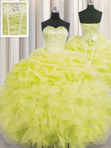 Dramatic Visible Boning Floor Length Yellow Sweet 16 Dresses Organza Sleeveless Beading and Ruffles and Pick Ups