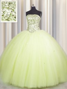 Fashionable Big Puffy Light Yellow Lace Up Quinceanera Dresses Beading and Sequins Sleeveless Floor Length