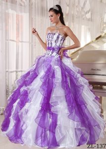 Purple and White Discount Strapless Dresses for Quince with Beading