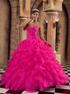 Coral Red Inexpensive Organza Quinceanera Dresses with Ruffles
