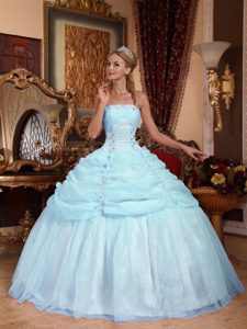 Light Blue Strapless Quinceanera formal Dress with Appliques in Organza