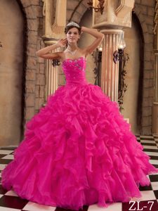 Coral Red Ruffles Floor-length Organza Quince Dresses in Winter