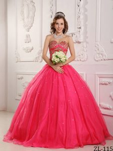 Hot Pink Princess Organza Beading Dress for Quinceanera in 2014