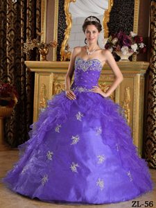 Gorgeous Purple Ruffles Organza Dress for a Quince with Appliques