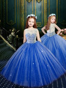 Scoop Clasp Handle Tulle Sleeveless Floor Length Little Girl Pageant Gowns and Appliques