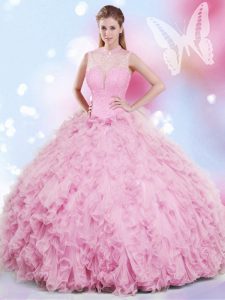 Cute Halter Top Sleeveless Quince Ball Gowns Floor Length Beading and Ruffles Rose Pink Tulle