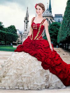 Perfect Straps White And Red Lace Up Quinceanera Gowns Beading and Ruffles and Pick Ups Sleeveless With Brush Train