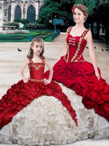 Superior Pick Ups Straps Sleeveless Brush Train Lace Up 15th Birthday Dress White And Red Organza and Taffeta