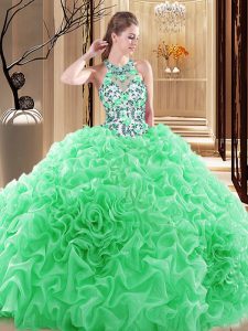 Suitable Organza High-neck Sleeveless Brush Train Backless Embroidery and Ruffles Quinceanera Gowns in