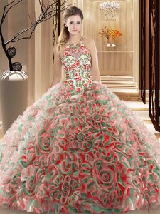 Fitting Multi-color Ball Gowns High-neck Sleeveless Fabric With Rolling Flowers Brush Train Criss Cross Ruffles and Pattern Quinceanera Dresses