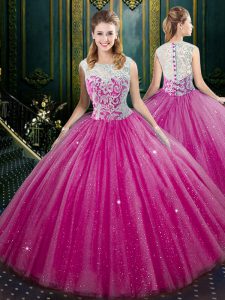 Perfect Fuchsia Tulle Zipper High-neck Sleeveless Floor Length Sweet 16 Dress Lace
