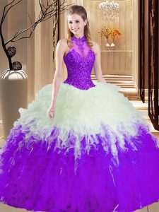 Ball Gowns 15 Quinceanera Dress White And Purple High-neck Tulle Sleeveless Floor Length Lace Up