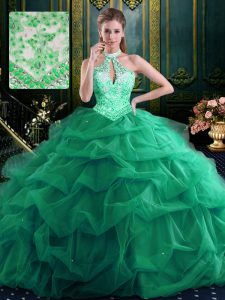 Noble Halter Top Sleeveless Quince Ball Gowns Floor Length Beading and Ruffles and Pick Ups Dark Green Organza and Tulle