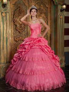 Coral Red Taffeta and Tulle Best Seller Sweet Sixteen Quinceanera Dresses