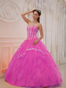 Appliqued and Ruffled Hot Pink Sweet Sixteen Dress with Heart Shaped Neckline