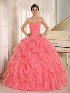 Lovely 2013 Rose Pink Ruffles and Beaded Quinceanera Dresses in Organza
