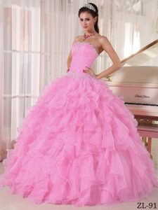 Beaded Strapless Baby Pink Dresses for Quince with Ruffles in Organza