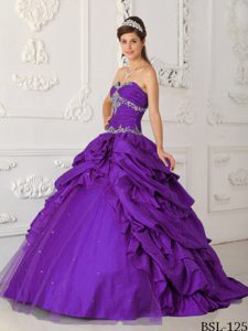 Purple Sweetheart Taffeta and Tulle Appliqued Beaded Quinceanera Dresses
