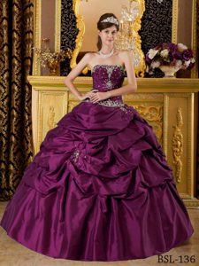 Hot Purple Strapless Taffeta Quinceanera Dress with Appliques and Pick-ups
