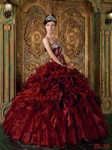 Ruffled and Appliqued Wine Red Strapless Dress for Quinceanera on Sale