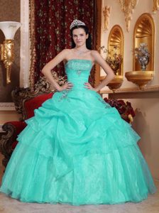 Strapless Dresses for Quinceanera in Aqua Blue with Beading and Pick-ups